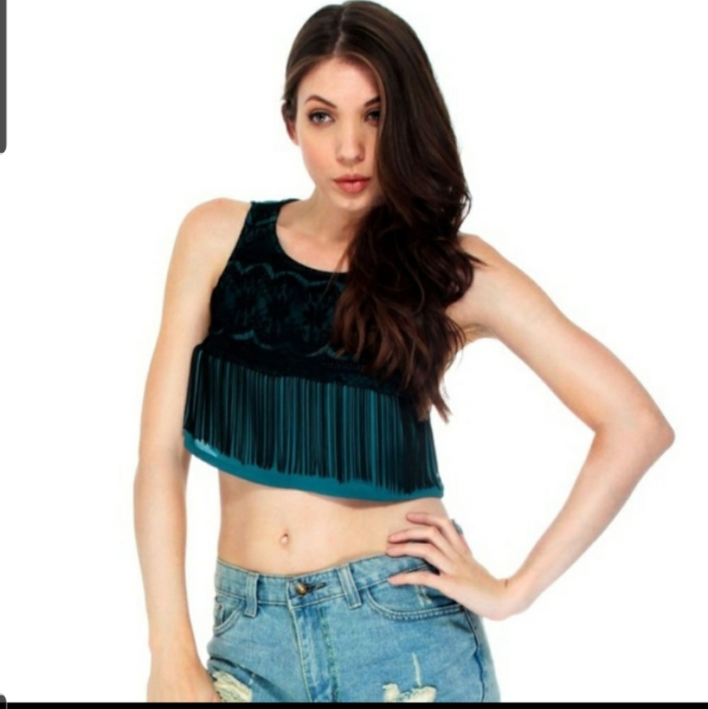 By Zinga crop top lace overlay and fringe